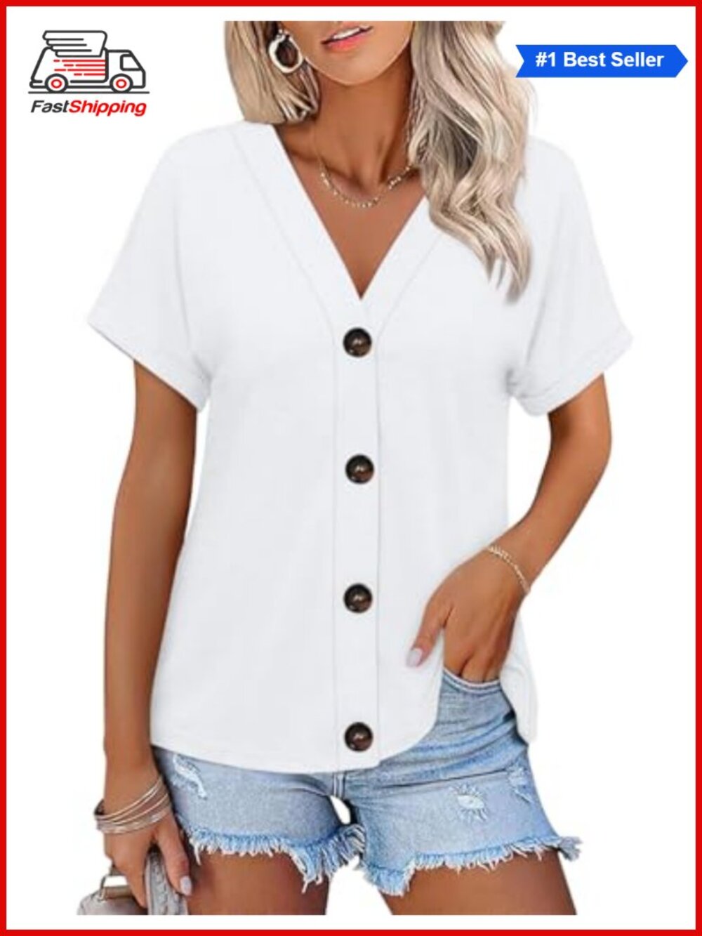 Womens Short Sleeve Button Down V Neck T Shirt Loose Fit Casual Top